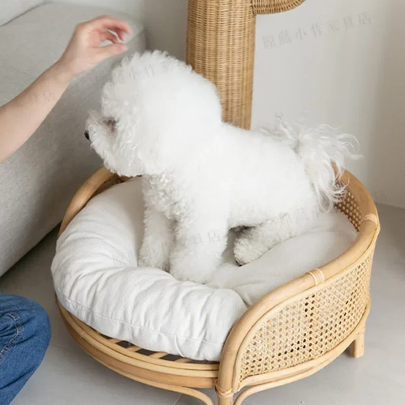 Natural Rattan Woven Pet Nest Cool Summer Round House for Cats Indonesian Teddy Pet Kennel Cozy Small Pet Furniture