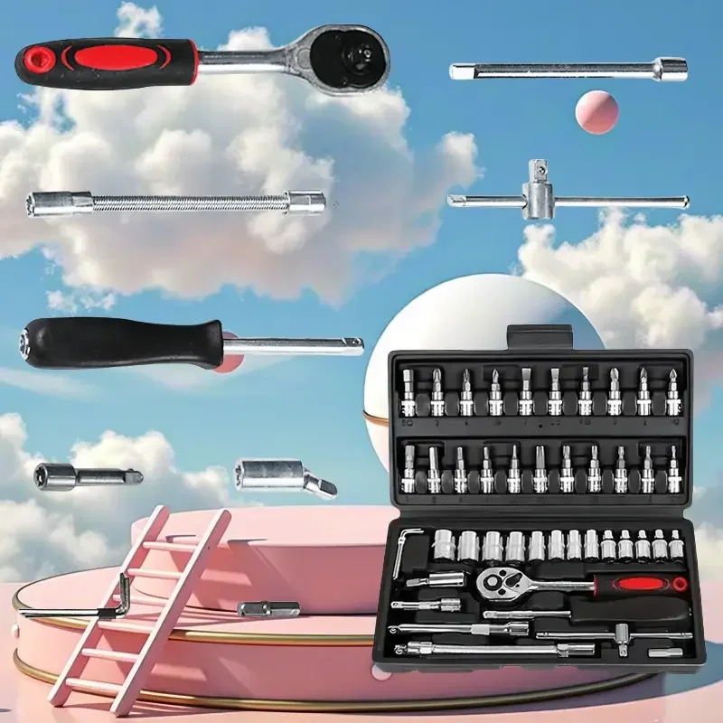 46 قطعة مفتاح بانة مجموعة دراجة نارية أداة إصلاح السيارات إصلاح مفك براغي بسقاطة مزيج المنزلية لتقوم بها بنفسك صندوق الأدوات الميكانيكية