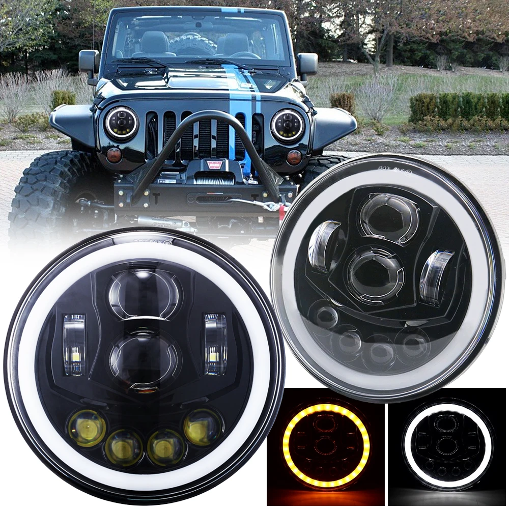 

7'' inch LED Headlight For Jeep Wrangler JK JKU TJ LJ 1997-2018 H6024 Bulb LED Headlamp with Halo Angel Eyes Turn Signal & DRL
