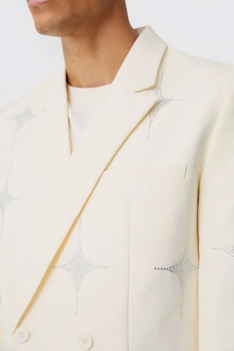 高級メンズスーツ 2 ピースブレザーパンツダブルブレストピークドラペルアップリケ結婚式タキシードカスタマイズされた trajes パラやつ