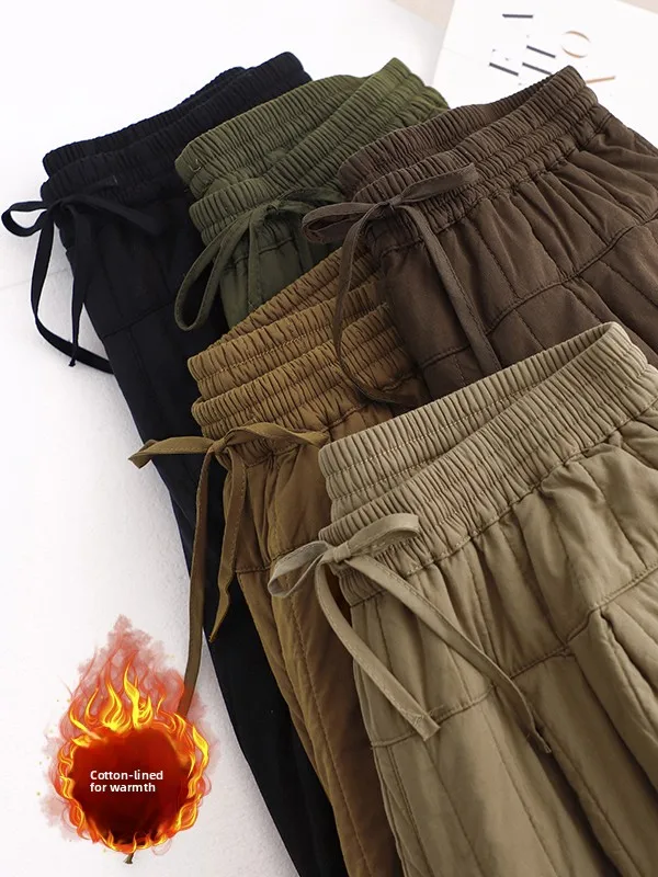 

Зимние хлопковые брюки Thiened с высокой талией и эластичной резинкой на талии, теплые длинные брюки для похудения с двойной прошивкой для женщин больших размеров