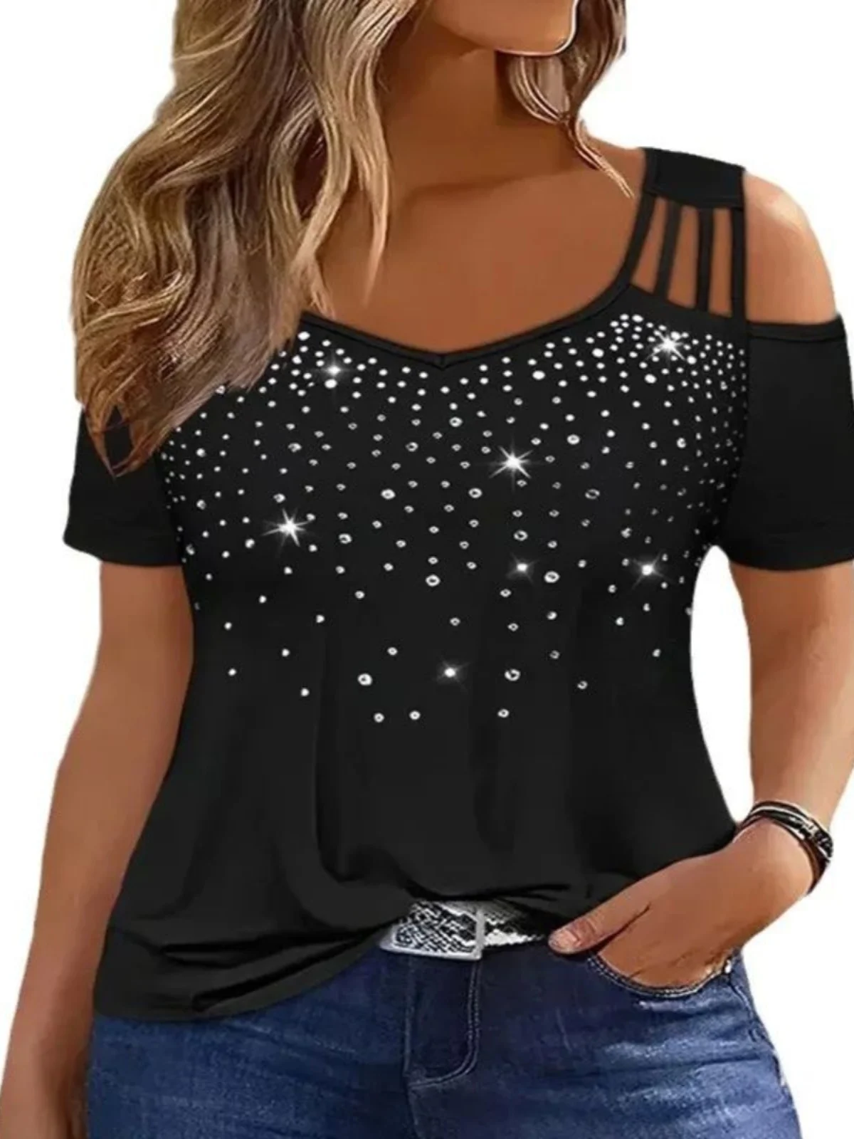 Haut évidé à épaules dénudées pour femmes, couleur rue, coupe ample, ort Sve, T-shirt rond d'été Ne