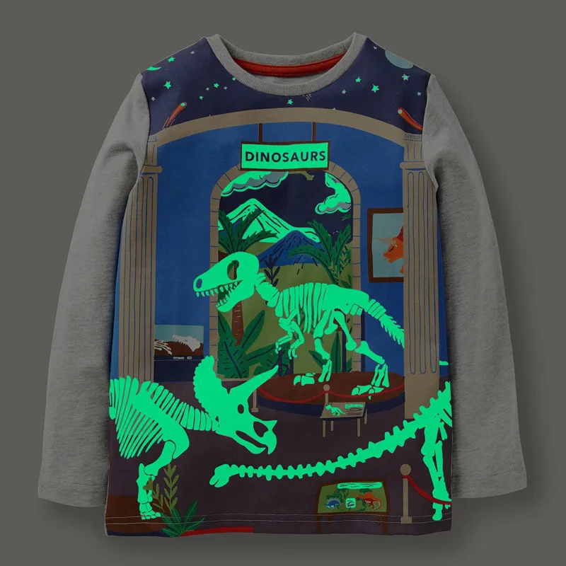 Little maven 2024 Baby Boys Long Sleeves T-shirt Luminous Cotton Cartoon Dinosaur Shirt New Fashion Tops for Kids 2-7 years