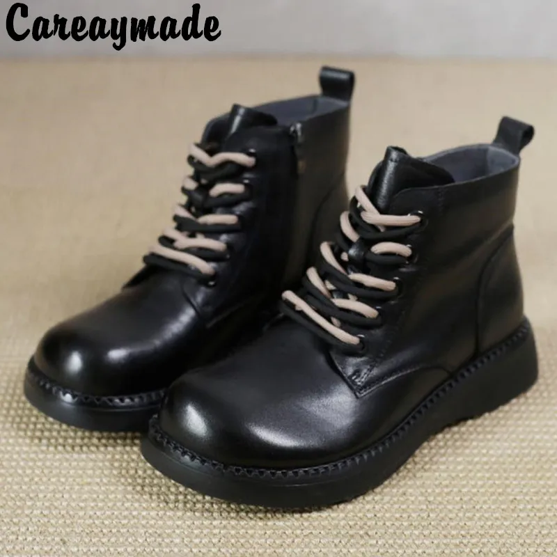 Careaymade-100 % stivali da donna in vera pelle stivali Casual stivali corti testa tonda fondo spesso Lace up versione larga stivali da donna