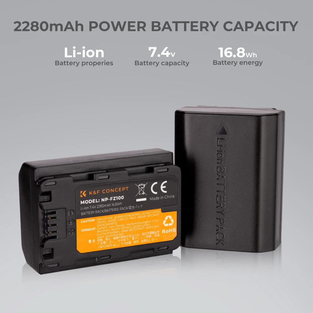 K&F Concept NP-FZ100 2팩 2280mAh 배터리 듀얼 슬롯 충전기 세트 (소니 알파 A7 III A7R III A7R3 A9 a6600 a7R …