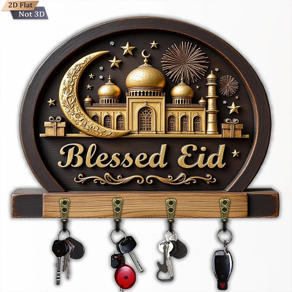 2D Flat, 1pc, Eid Al-Fitr Star Decorative Key Hook, Wooden Multifunctional Home House Key Hook, with Four Metal Hooks, Wall