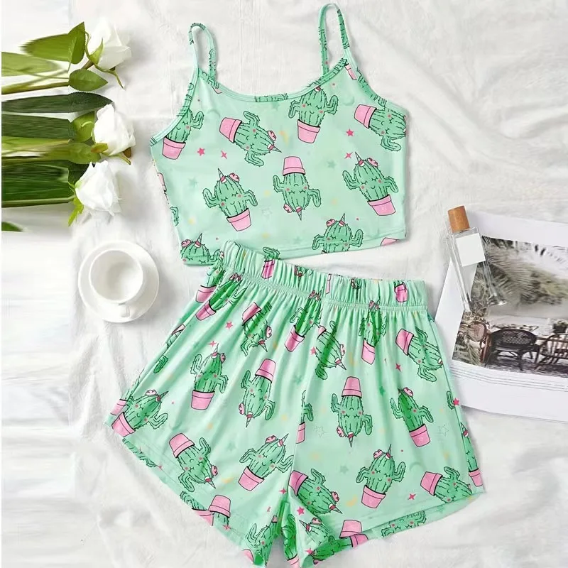 Women\'s Pajamas Set Sleepwear 2 PCS Short Tank Tops And Shorts S M L Green Ventilate Soft Casual Cactus Print