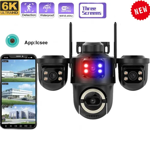 Nuevo Cámara de seguridad 6K iCsee Wifi tres lentes tres pantallas cámara de vigilancia en exterior Color visión nocturna seguimiento de detección humana