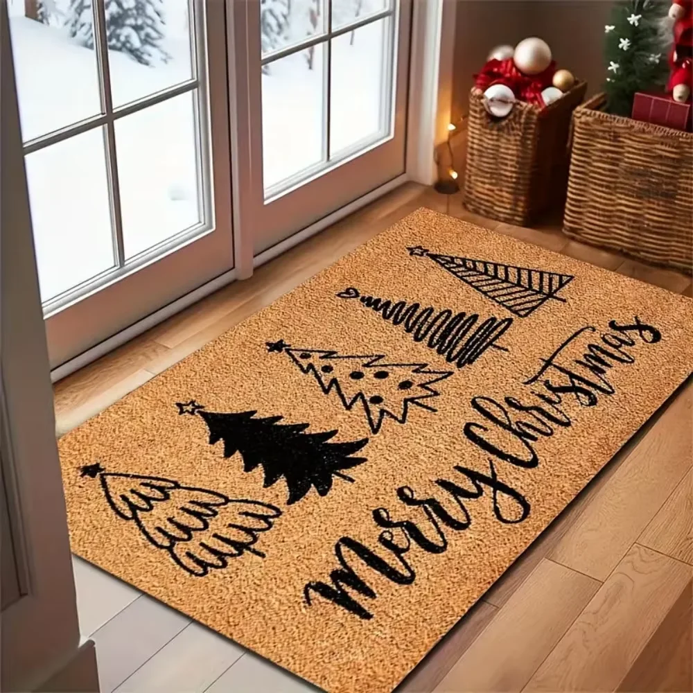 

Merry Christmas Black Cedar Tree Gold Doormat Durable Machine Washable Rectangular Floor Mat for Indoor-Outdoor, Porch Decor