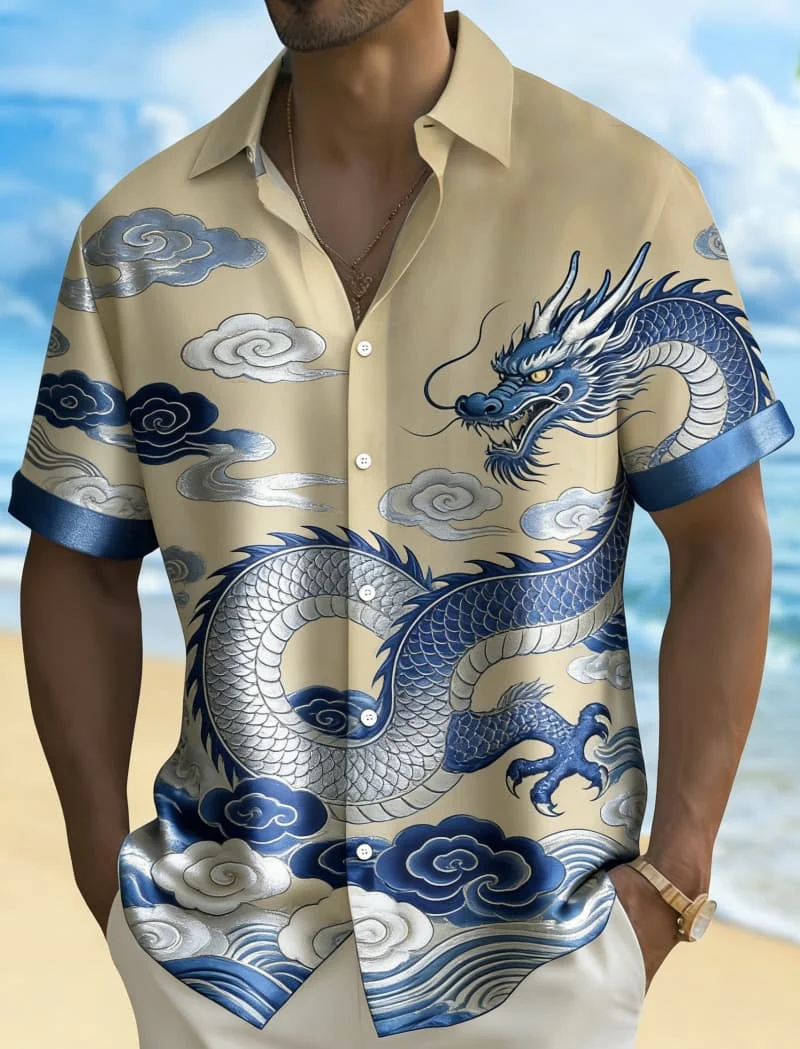 

Men's Chic Unique Asian Aesthetic Short Sleeve Shirt - Fox Crane Koi & Dragon Print Casual Top For Daily Vacation Wear