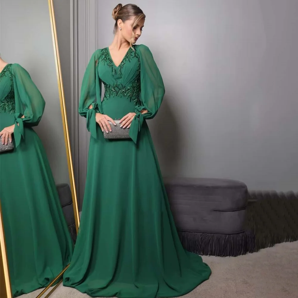 

Customized Exquisite Long Sleeve Beading Evening Dress Charming Sexy V-neck Prom Dress Chiffon Party Gown вечернее платье