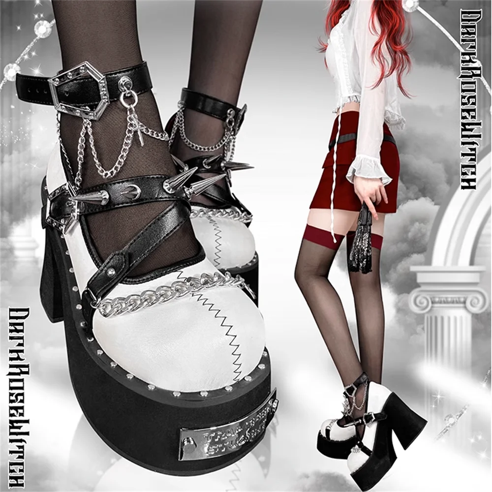 Original Summer Punk Style Round Toe Thick Sole Cake Shoes Y2K Riveted High Heels Women\'s Lolita Witch Shoes