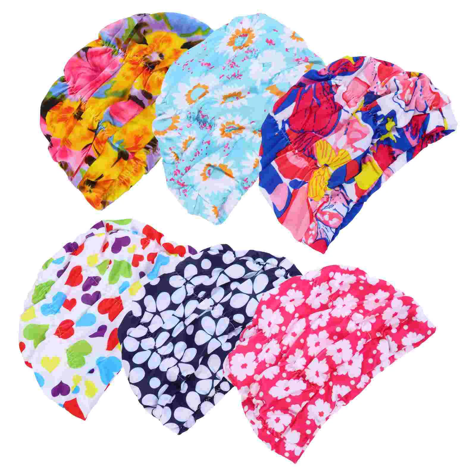 

6 Pcs Printed Swimming Cap Unisex Hat Sports Elastic Adults Pleated Waterproof Caps