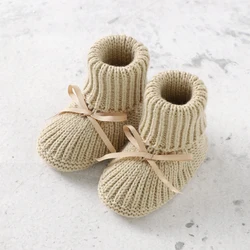 Newborn Baby Shoes Knitted Infant Girls Boys Boots Cute Butterfly-knot Toddler Walk Bed Shoes Warm 0-18M Accessories Hats Gloves