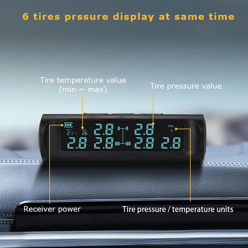 

Wireless Car Tire Pressure Monitor LCD Display Tire Pressure Monitor System USB Solar Inflation Pressure Detector High Precision