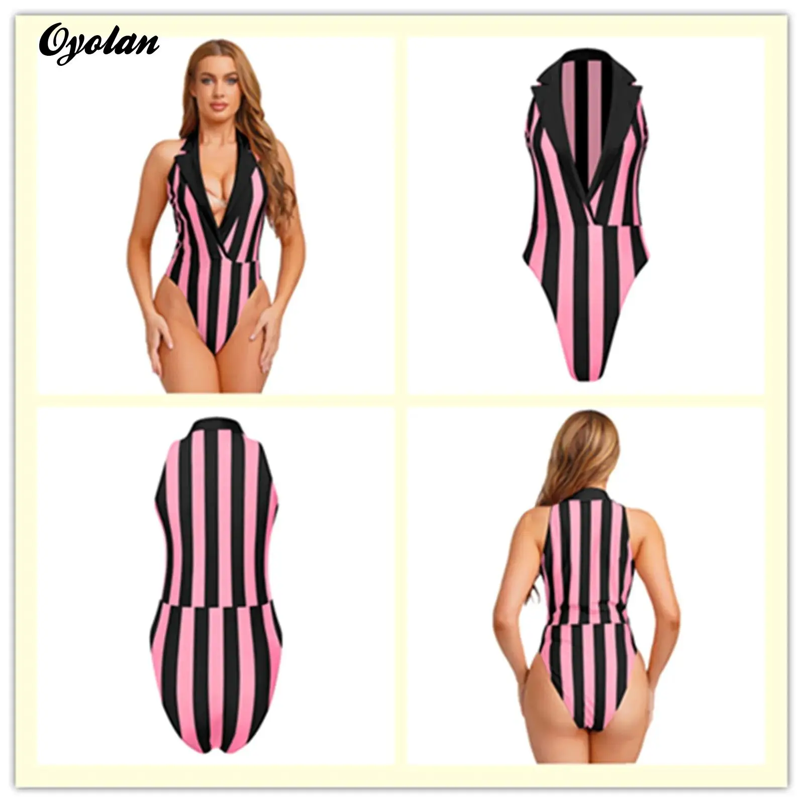 

Womens Leotard Jumpsuit Gymnastics Slim Fit Striped Bodysuit RompersN Otch Lapel Plunging V Neck Playsuits Female Sexy Clubwear