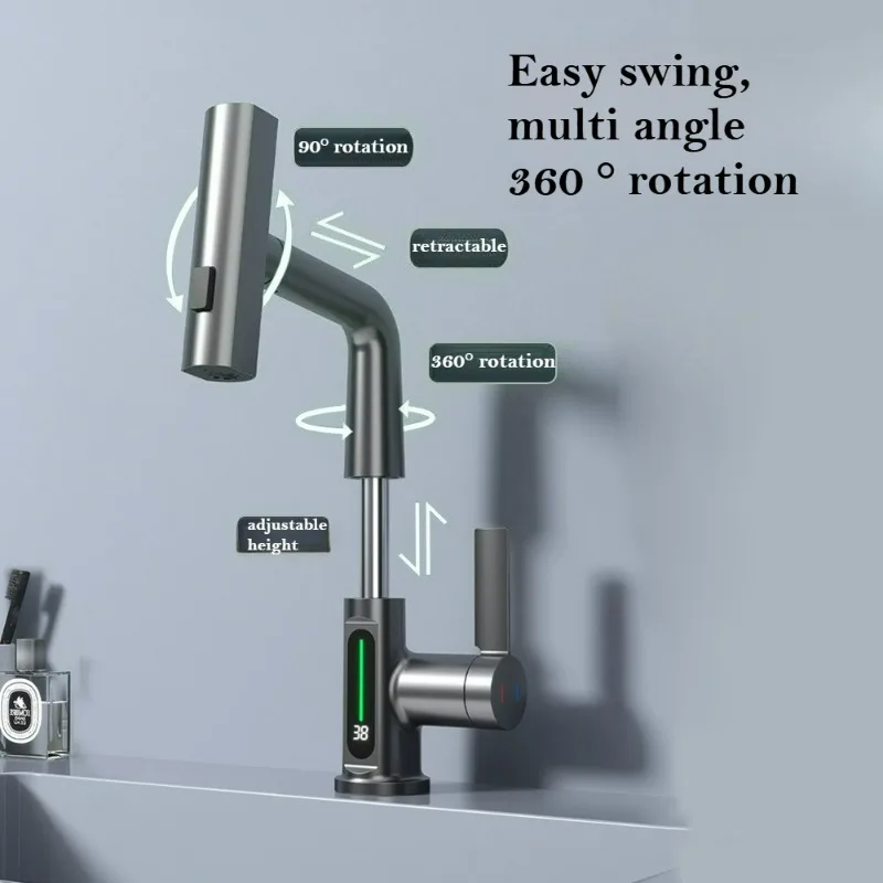 Temperature Digital Display Basin Faucet Pull-Out Kitchen & Bathroom Faucet Rainfall Temperature Hydropower Digital Display