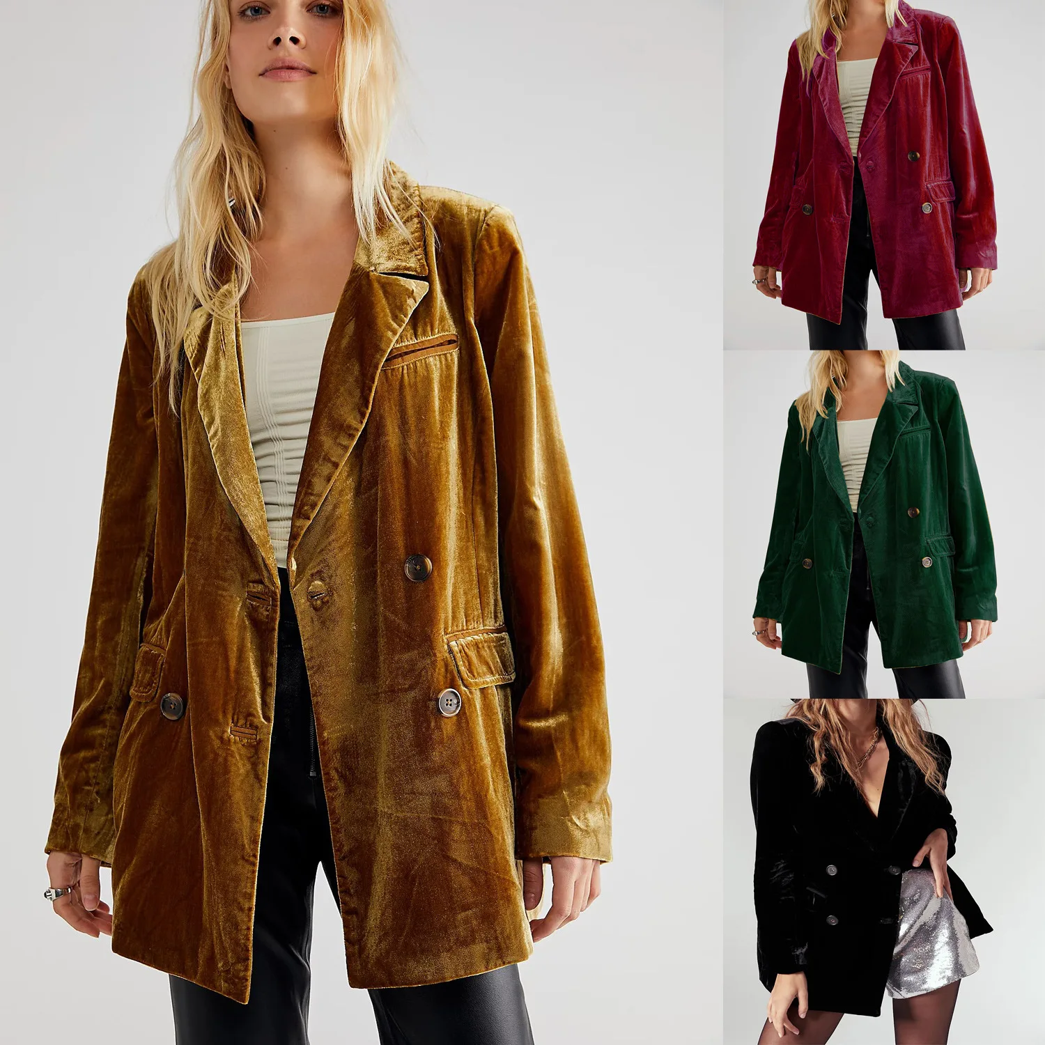 Blazer informal de terciopelo para mujer, chaquetas lisas de manga larga con botones, ropa de calle Vintage, abrigos sexys, prendas de vestir exteriores para primavera y otoño