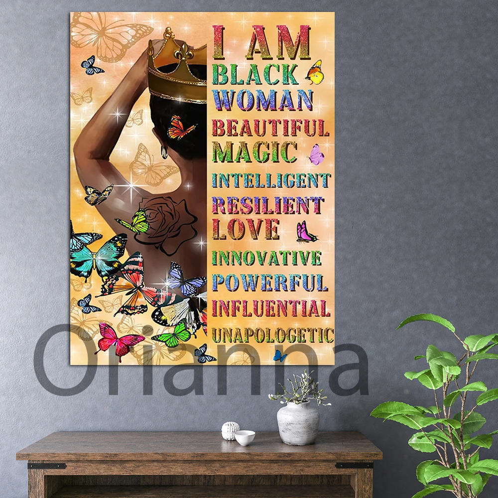 I Am Black Woman Poster Black Girl Butterfly Wall Art African Woman Wall Decor Afro Queen Canvas African Prints Art Black Girl