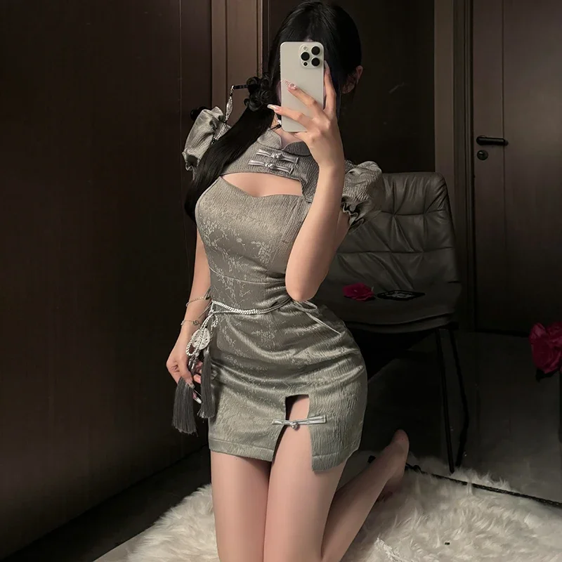 Chinese Dress Cheongsams Women Sexy Lingerie Temptation Clothing China Style Side Slit Hollow Qipao Uniform Nightclub Costumes