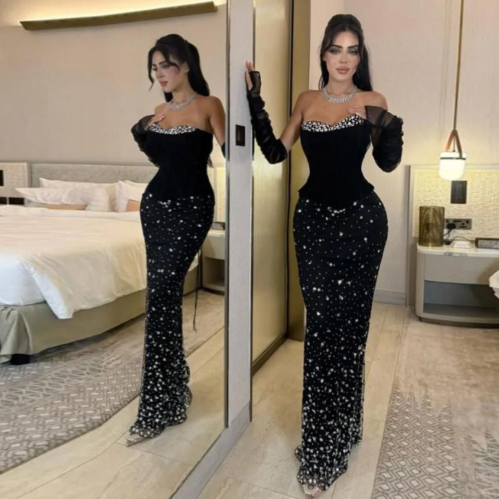 

Customized Black Crystal Evening Dresses with Detachable Sleeve Sweetheart Bodycon Prom Dress Mermaid Corset Gown