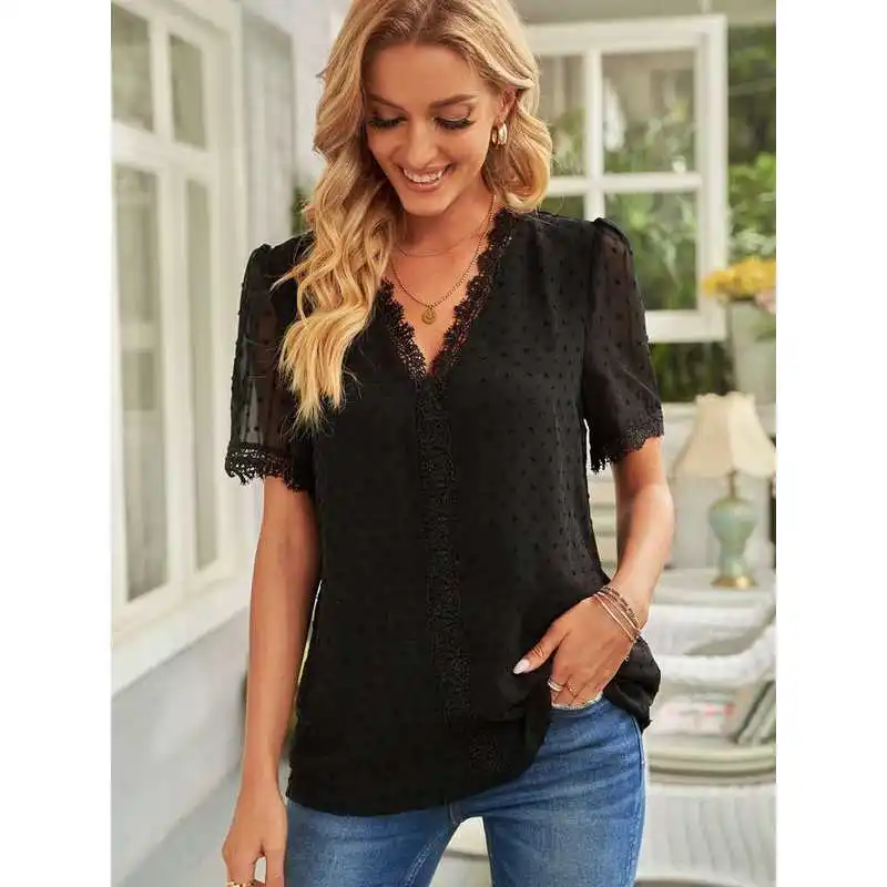 Letnia Nowość Głęboki Dekolt V Szyfonowa Sukienka Damska Haftowana Cleanfit Skóra PU Regularny Krój Poliester Średniej Długości