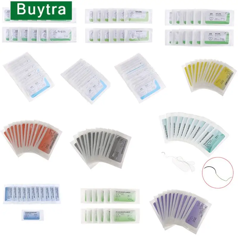 Hot 12Pcs 75cm Medical Needle Suture Nylon Polyester Thread Suture Practice Kit Teaching Demonstrations Exercises 2/0 3/0 4/0