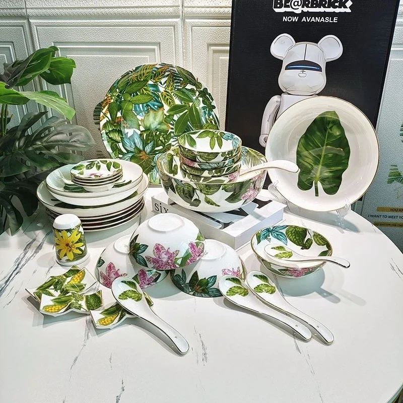 Tropical Rainforest Series Ceramic Tableware Set Bowl Spoon Plate Bone China Household European Tableware Housewarming Gift
