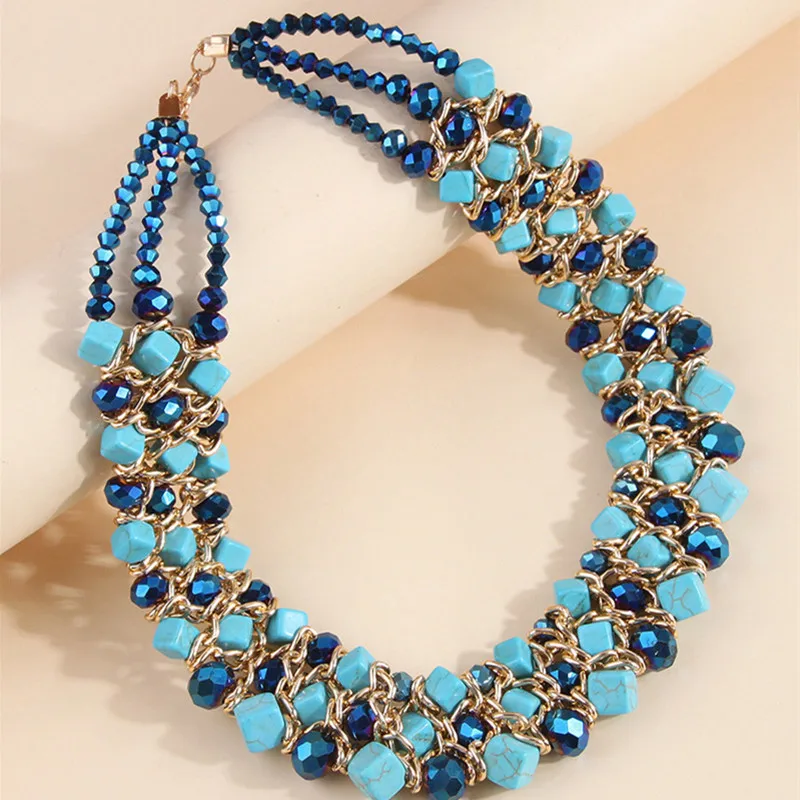 New Ethnic Handmade Glasses Stone Turquoise Stone Mixed Choker Necklace Women Jewelry Multilayer Necklaces Women Accessories