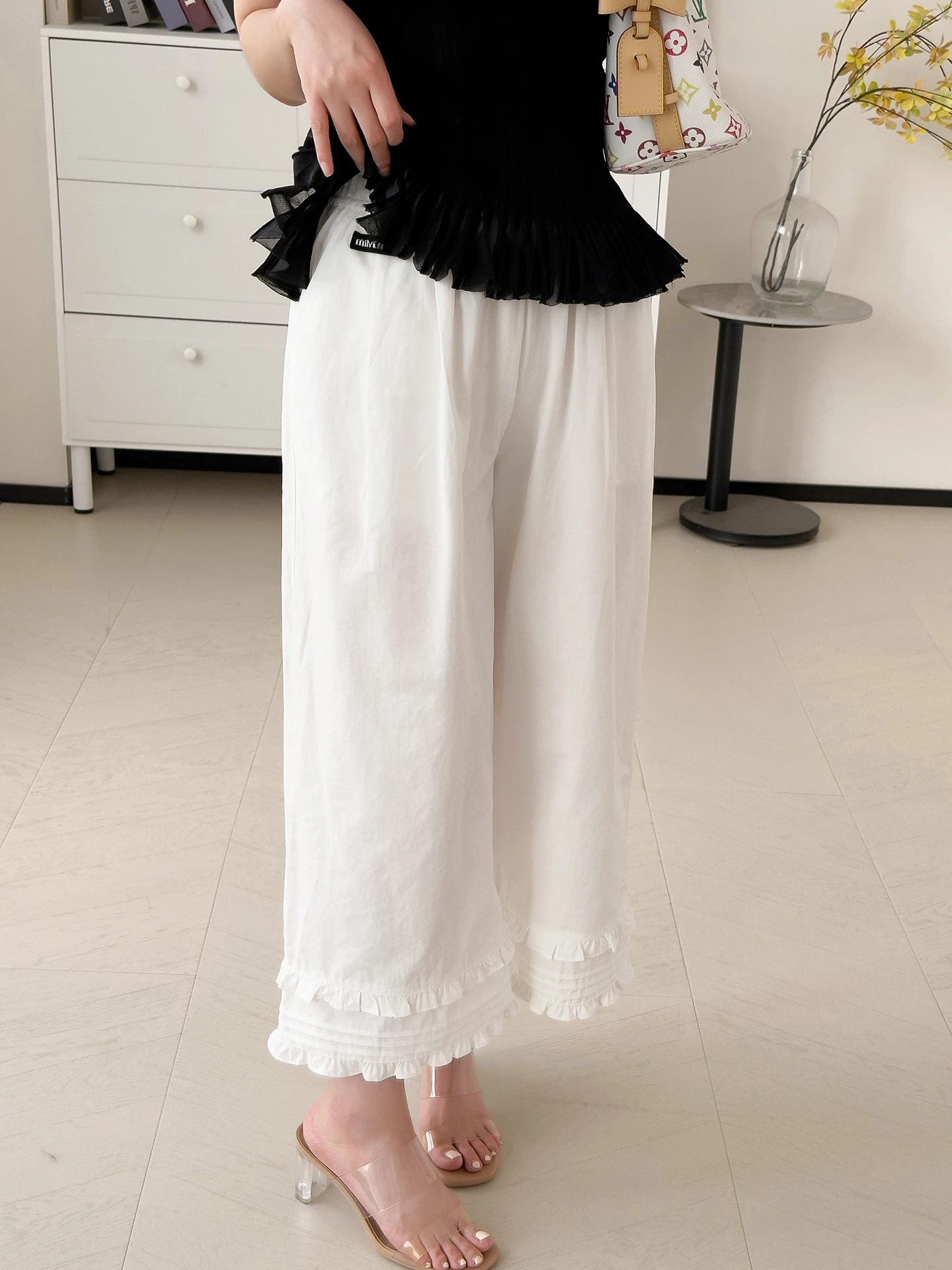 

Casual Elastic Waist Flower Lace Trim Straight Leg 9-Length Pants Women's Loose Wide Leg Pants Commute Style High Waist