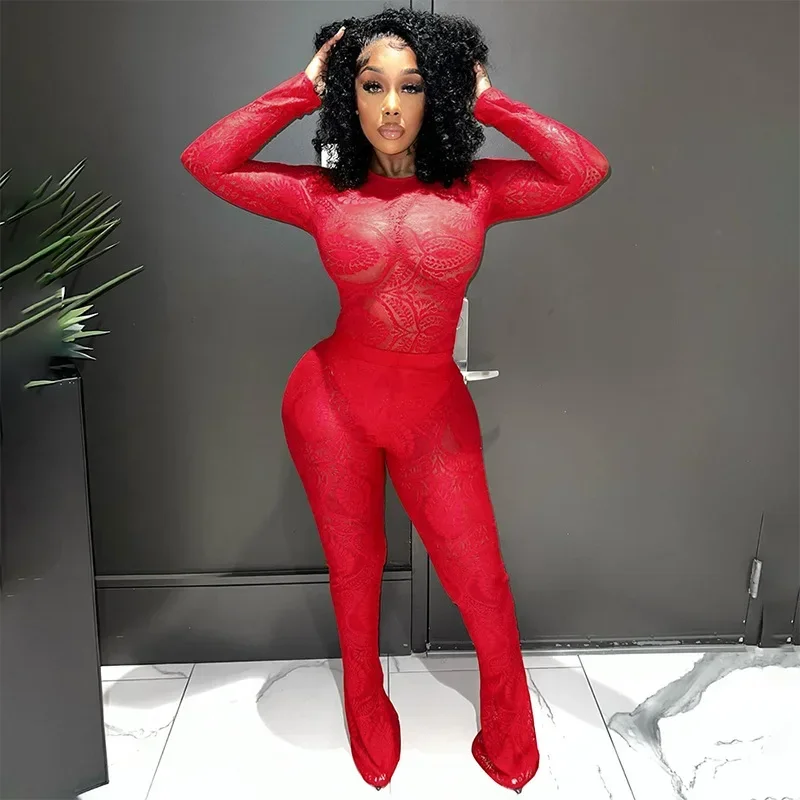 

Sexy Lace Hollow Slim ChristmasTwo Piece Set Women Autumn O-Neck Long Sleeve Bodysuits High Waist Hips Wrapped Pants Partywear