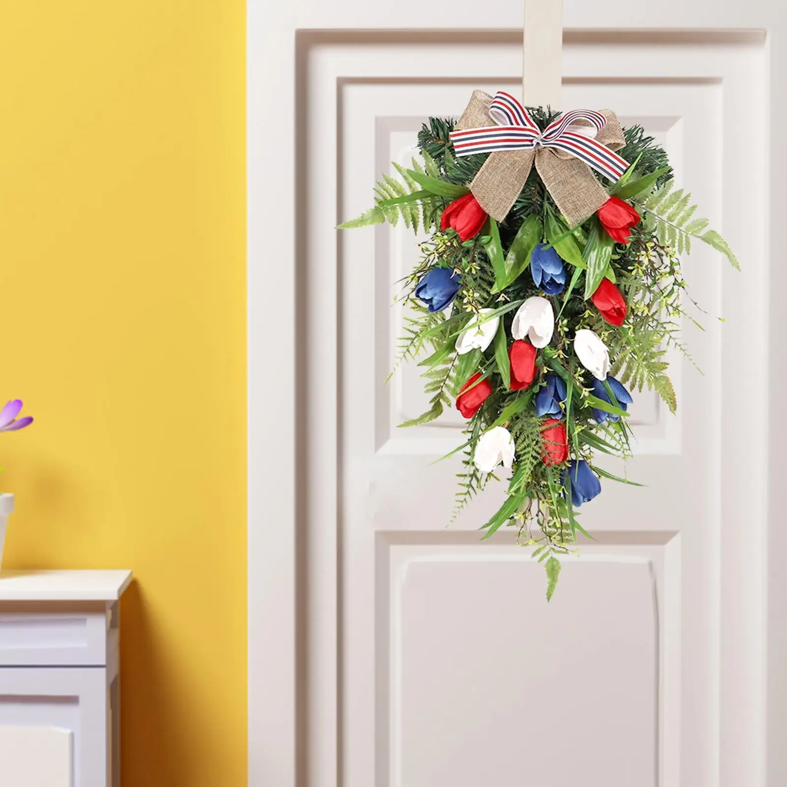 

Hanging Tulips Wreath Door Garden Floral Arrangement for Independence Day Easter Spring Patriotic Decoration