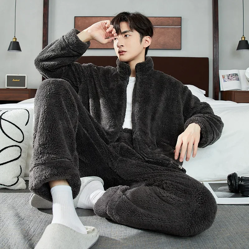 Coral Velvet Pajamas Men's High Neck Autumn/Winter Flannel Thickened Plus-size Long Sleeve Zipper Home Suit Can Be Worn Outside