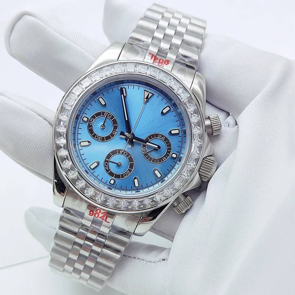 

Luxury 40mm Diamond-set Case Stop Watch for Men VK63 Quartz Movement Blue Dial Sapphire Crystal Full Chronograph Clock