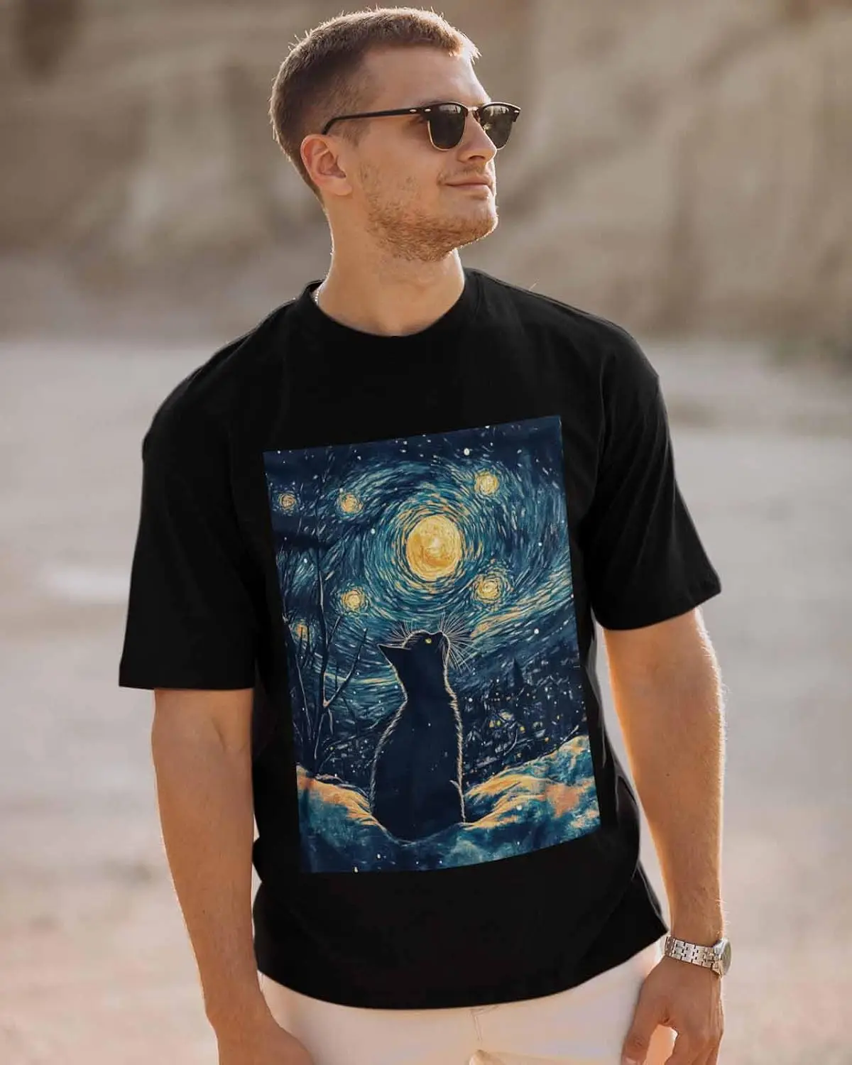 Men's T-Shirt, Novelty Graphic T-Shirt Black Cat Stars Moon Night Abstract Oil Painting Cotton Crew Neck Men's Short