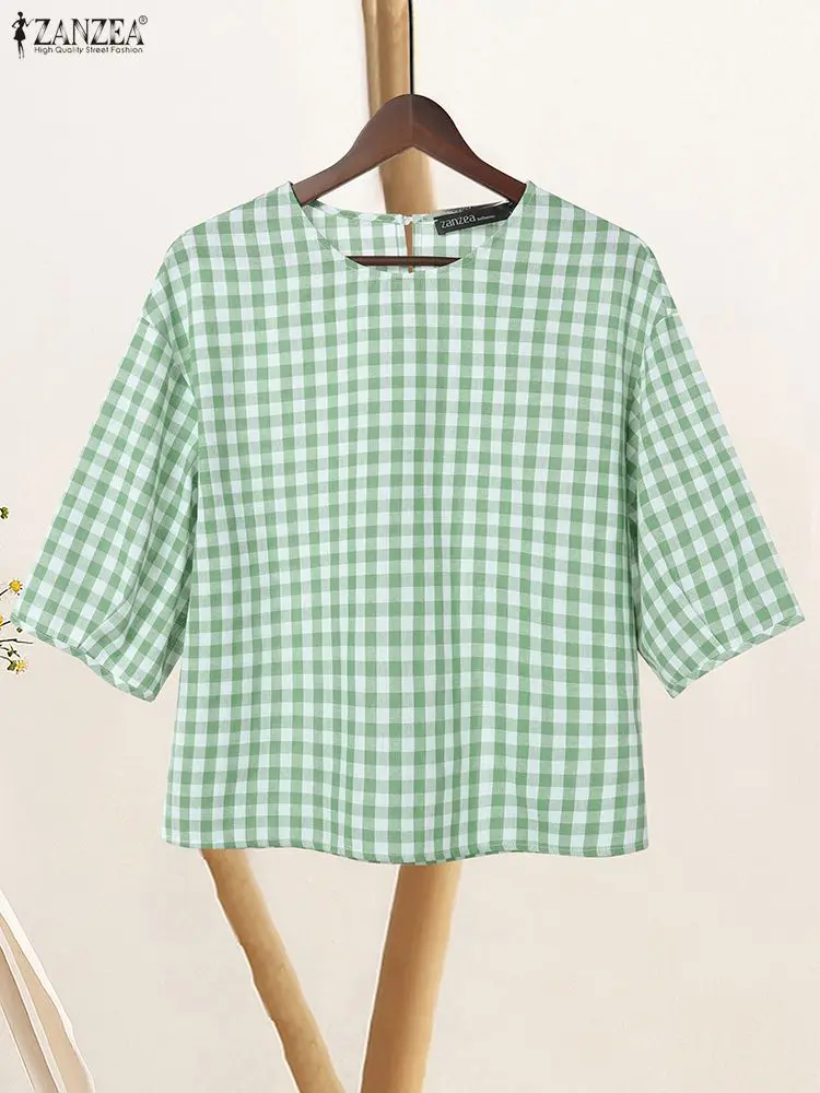 

ZANZEA 2022, летние женские топы, клетчатая рубашка с круглым вырезом, элегантная рабочая блузка с короткими пышными рукавами, стильные праздничные рубашки, туника Mujer Femme