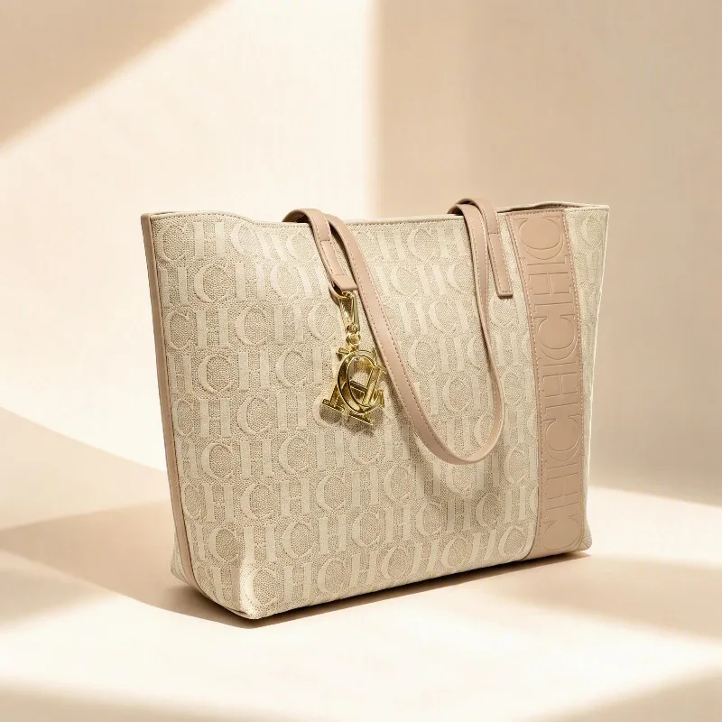 CHHC Women Embossed Monogram Tote Bag Faux Leather Metal Letter Pendant Large Capacity Top Handle Shoulder Purse