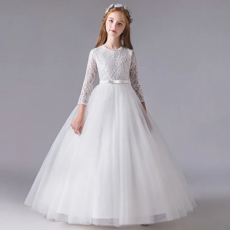 Elegante vestido branco sem costas para meninas, flor traseira oca, comunhão sagrada, vestido de banquete, casamento de alta qualidade, novo