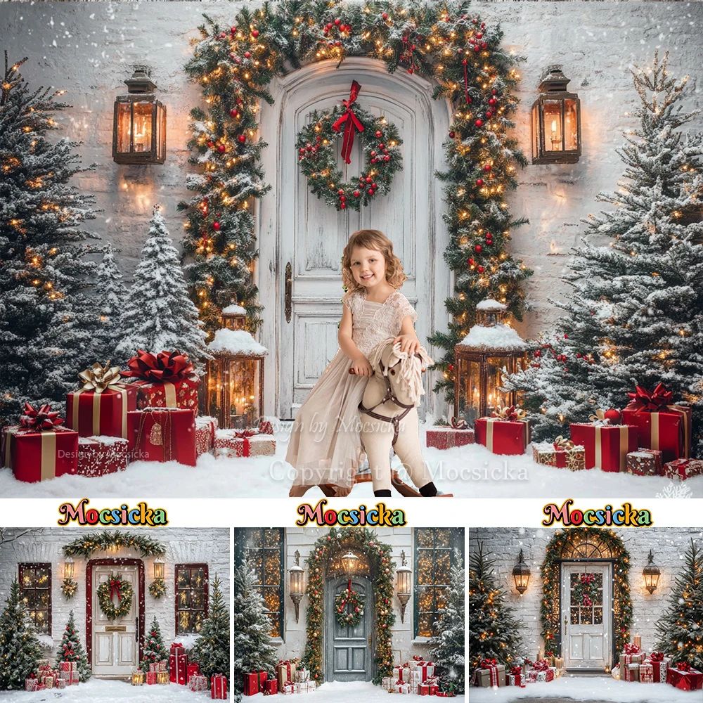 

White Door Background For Christmas Photography Lantern Xmas Tree Wreath Gift Snowy Backdrop New Year Family Kids Photo Studio