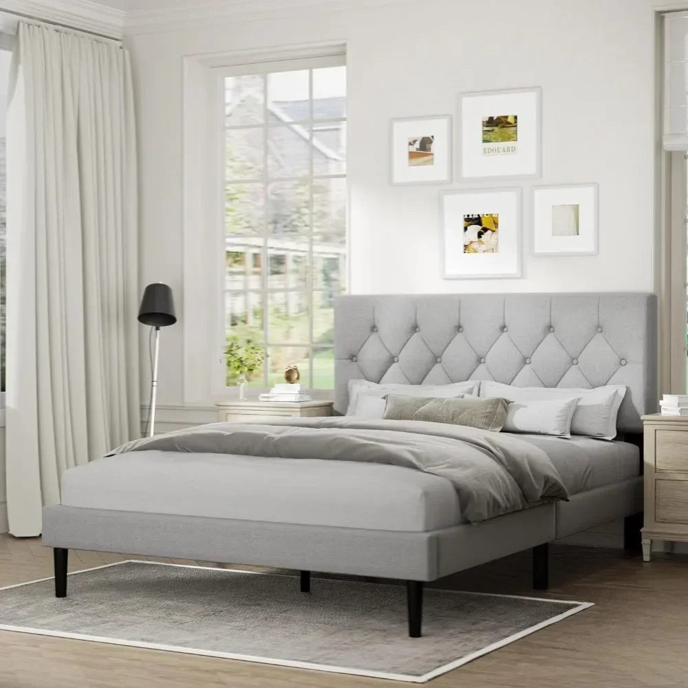 Full-size Platform Bed Frame with Padded Headboard, Button Tufted Design, No Springs Required, Light Grey