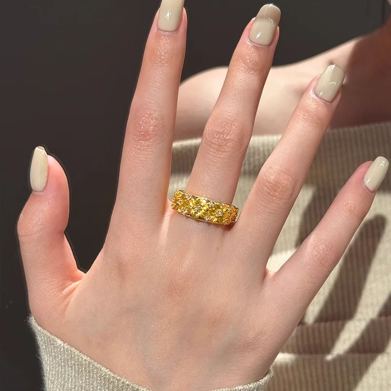 Women's design niche high-end hand jewelry 9999 24K Real Gold retro national trend style flowery daisy ring