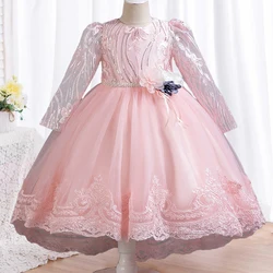 Flower Girl Wedding Dress Long sleeved Lace Dress Elegant Girl Art Performance Princess Dress 2024 Girl Carnival Clothing