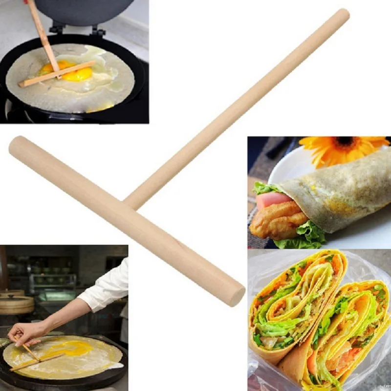 

F5 2PCS T Shape Wooden Crepe Maker Pancake Batter Spreader Stick Kitchen Tool DIY Pancake Restaurant Canteen Specially Supplies