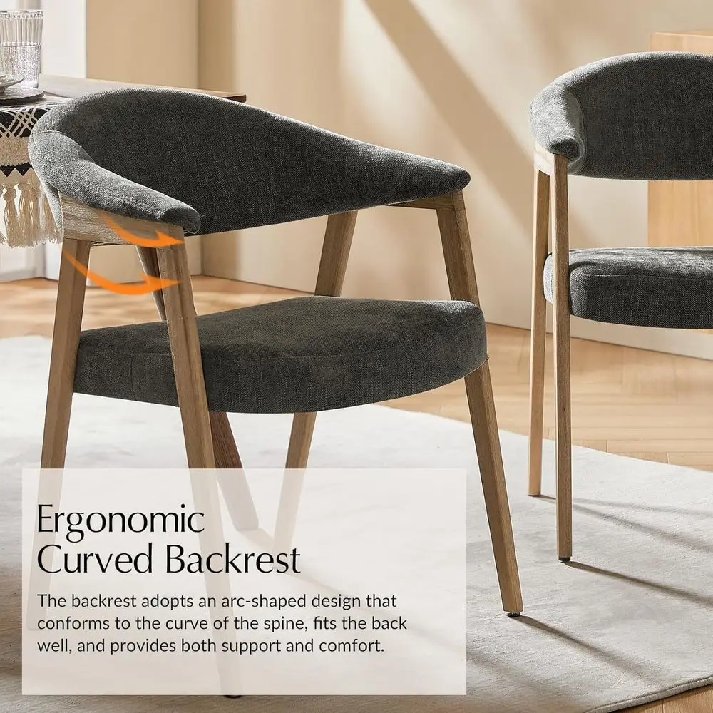 Set di 2 sedie da pranzo imbottite moderne Mid-Century, grigie, con braccioli, schienali curvi e gambe in legno massello per cucina o Res