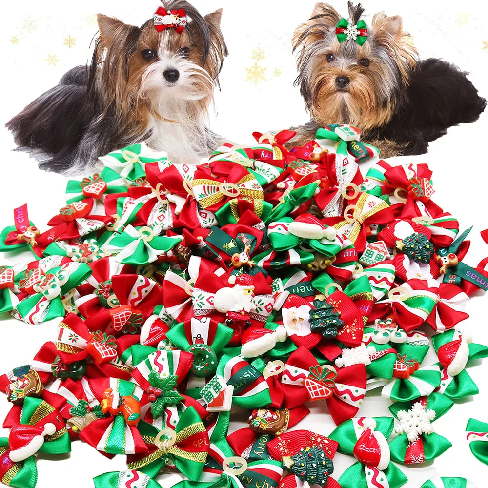 Puppy Bows 10/20/30PCS Handmade Dog Hair Accessories With Rubber Bands Christmas Party Dog Bows Pet Supplies For Dogs