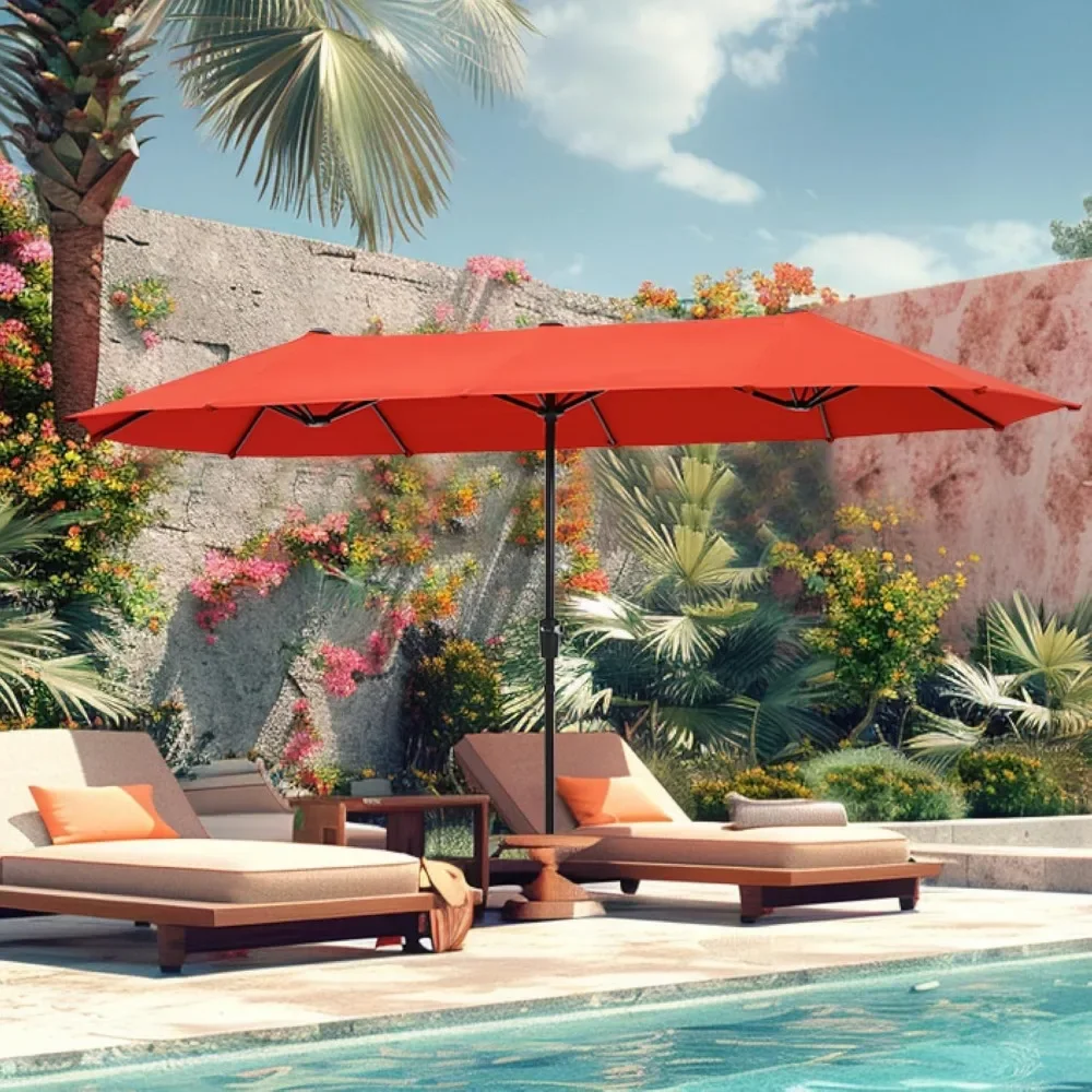 

Outdoor Patio Umbrella, Large Rectangular Double Sided Market Table Twin Umbrellas with Crank Handle for Deck Pool