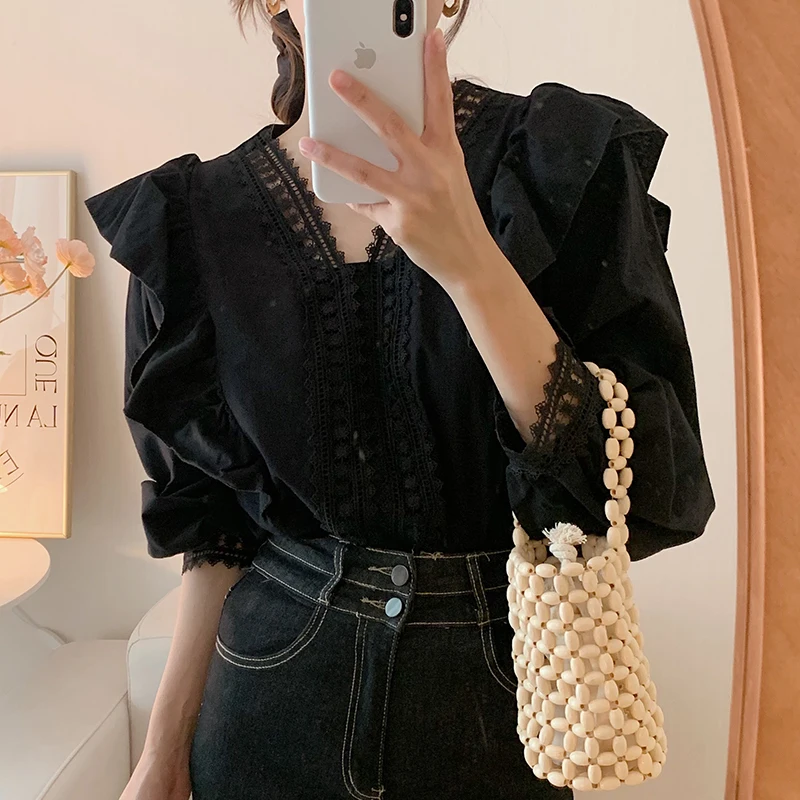 South Korea Chic French Style Temperament Lace V-neck Stitching Ruffles Loose Casual Puff Sleeve Shirt