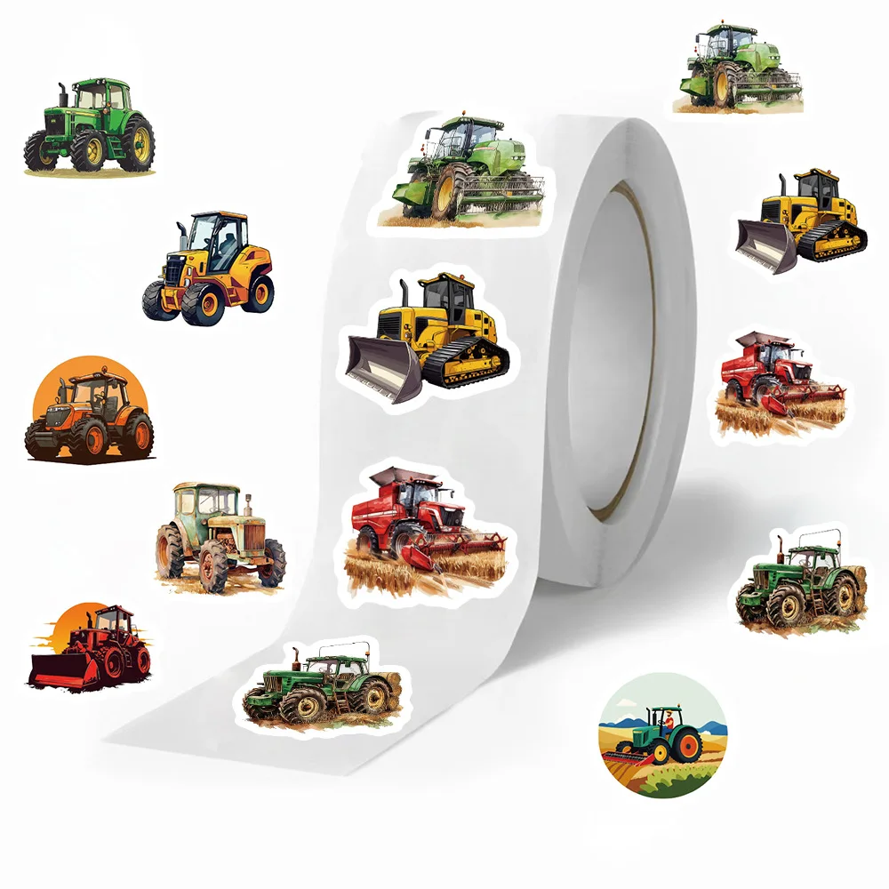 500PCS Fun Tractor Pattern Stickers Roll Cartoon Farm Vehicle Decals Teacher Reward for Scrapbook Luggage Phone Guitar Decor Toy