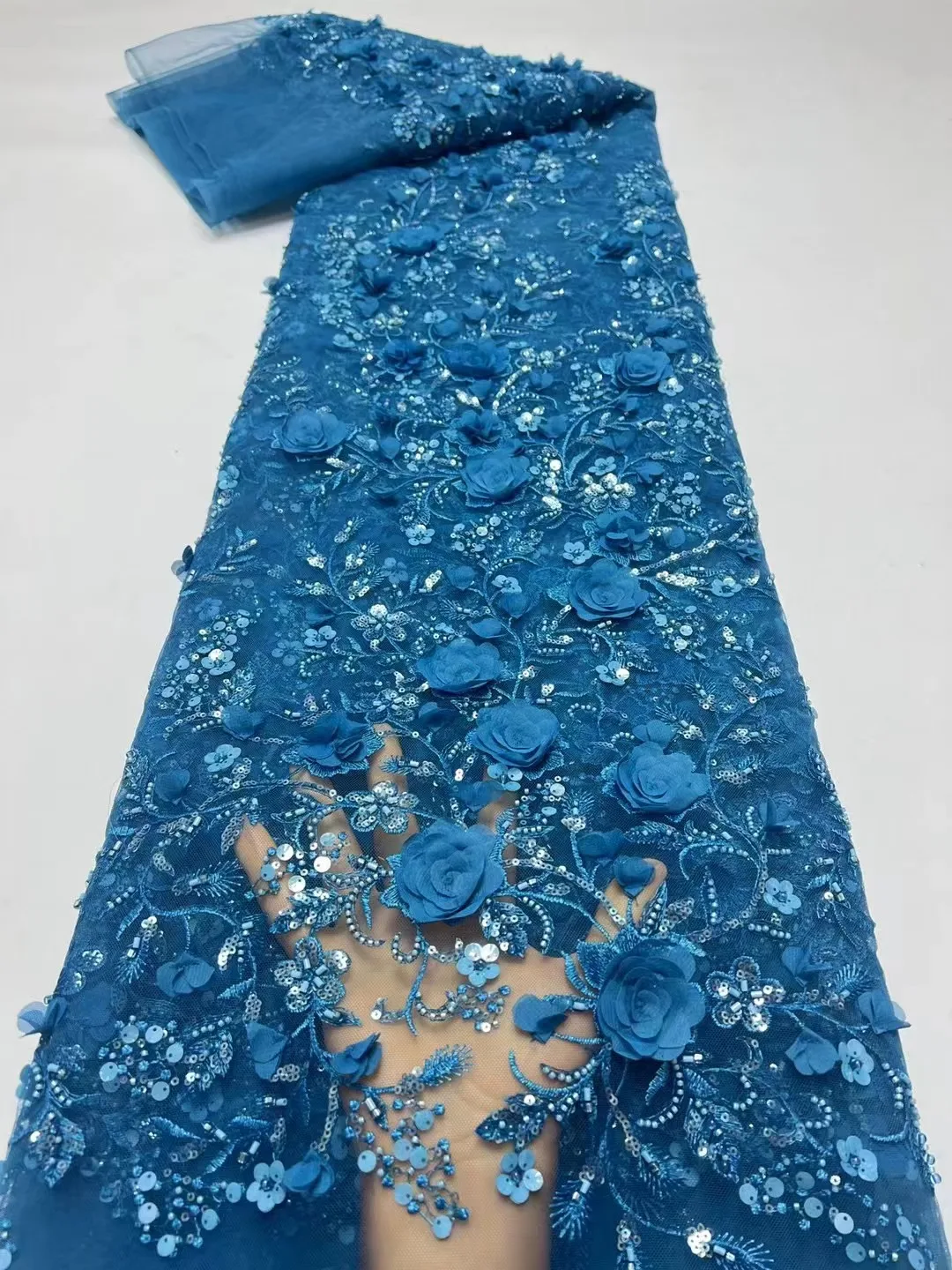 

Gold Beads Lace Fabric High Quality Mesh Embroidery Applique 3D Flower Tulle Nigerian Lace Fabrics For Bridal Sewing