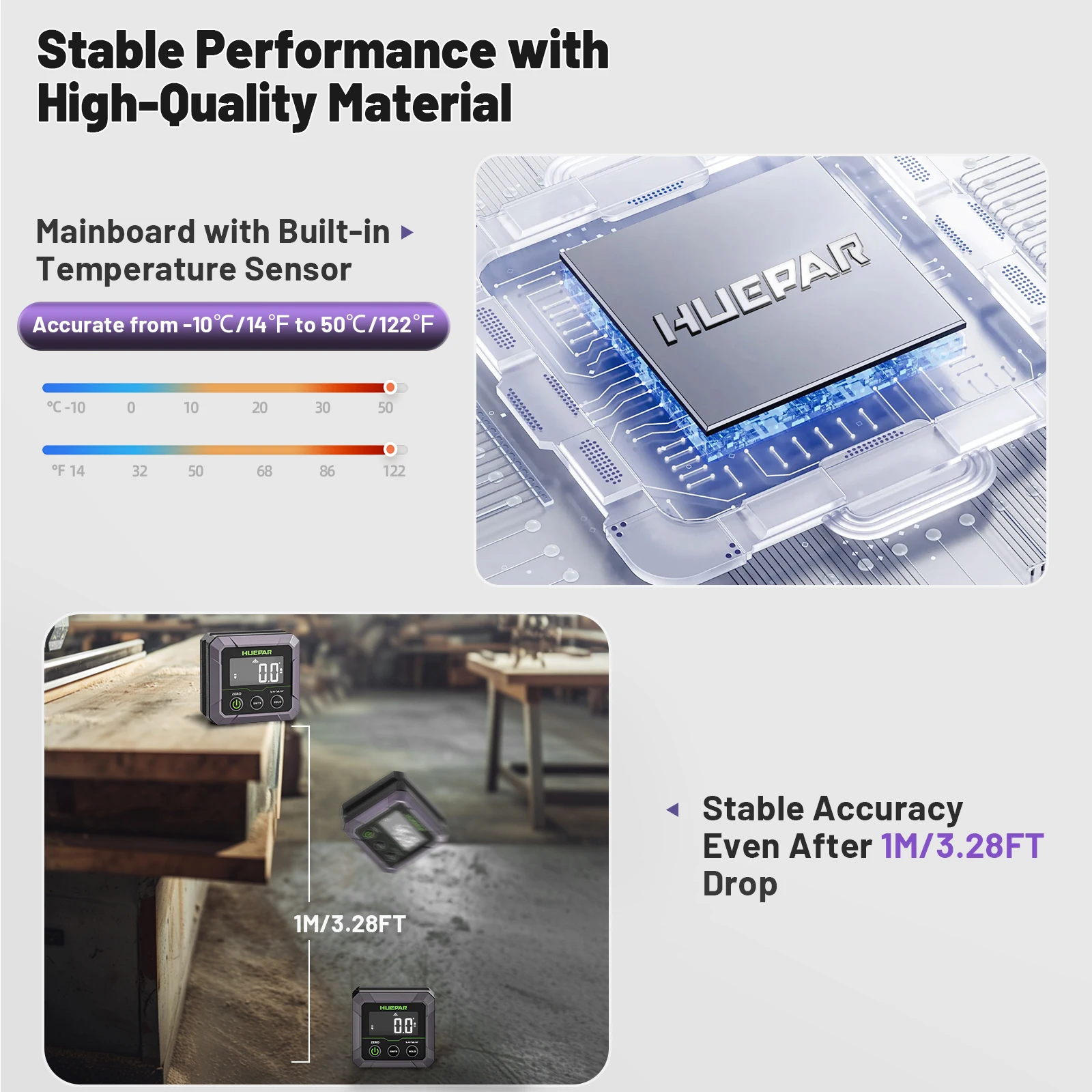 Huepar Buscador y inclinómetro digital, ±0,1 °   Alta precisión, base magnética, 360 °   Flip, Calibración, para Construcción DL141